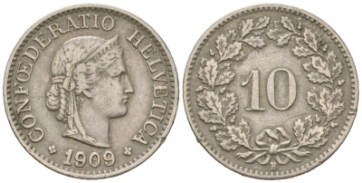 Швейцария 10 раппенов 1909 B KM 27 медно-никель 4164-1252