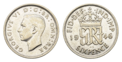 Великобритания 6 пенсов 1946 Георг VI (1936-1952) KM 852, Spink 4084 серебро 4690-821