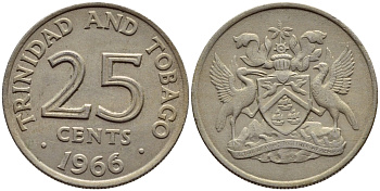 Тринидад и Тобаго 25 центов 1966 герб KM 4 медно-никель 4396-644