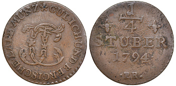 Юлих-Берг 1/4 штюбера 1794 PM, Карл Теодор (1777-1799) KM 205, Noss 1007 медь 4606-154