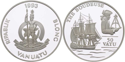 Вануату 50 вату 1993 история мореплавания, фрекат Будьюз KM 16 серебро PROOF 1078-1-51