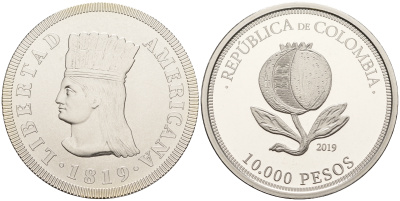 Колумбия 10000 песо 2019 200 лет независимости Колумбии, сертификат, оригинальная упаковка KM NEW медно-никель  PROOF  3-4-7-02