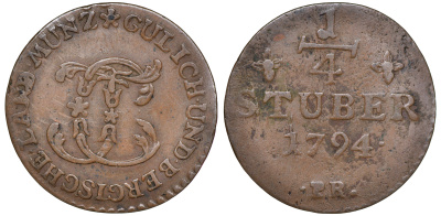 Юлих-Берг 1/4 штюбера 1794 PM, Карл Теодор (1777-1799) KM 205, Noss 1007 медь 4606-154