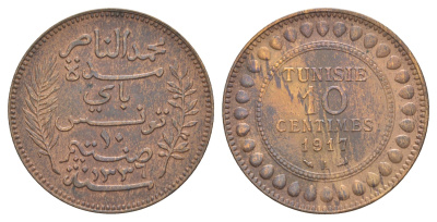 Тунис 10 сантимов 1917 A KM 236 бронза 4634-844