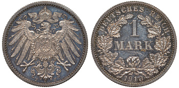 Германия 1 марка 1910 F Weege 18, J. 17, KM 14 серебро PROOF 00-806-40