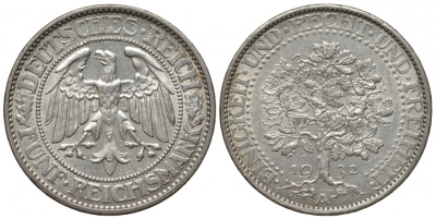 Германия 5 рейхсмарок 1932 A, Веймарская республика, дуб Weege 21, J. 331, KM 56 серебро 00-814-78