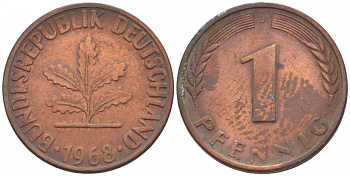ФРГ 1 ПФЕННИГ 1968 J KM 105, J.380 сталь плакированная медью 4547-1127