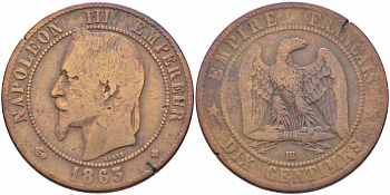 Франция 10 сантимов 1863 BB, Наполеон III (1852-1870) KM 798.2, Le Franc 134.9 бронза 114-1224