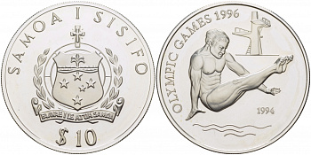 Самоа 10 тала 1994 летние Олимпийские игры 1996 года в Атланте, прыжки в воду KM 91 серебро PROOF 11-101-14