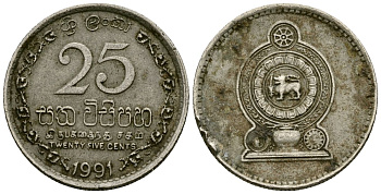 Шри-Ланка 25 центов 1991 KM 141.2 медно-никель 4173-1024