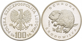 Польша 100 злотых 1978 серия охрана окружающей среды, бобер, пробный выпуск (PROBA) KM Pr 331, Parchimowicz 383a серебро PROOF 1082-1-11