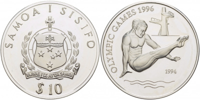 Самоа 10 тала 1994 летние Олимпийские игры 1996 года в Атланте, прыжки в воду KM 91 серебро PROOF 11-101-14
