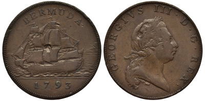 Бермудские острова 1 ПЕННИ 1793 ГЕОРГ III, ПАРУСНИК KM 5 медь 1524-1225