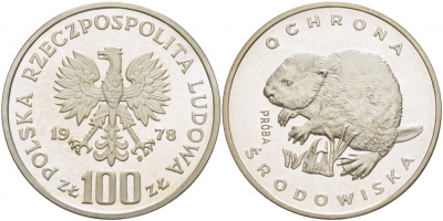 Польша 100 злотых 1978 серия охрана окружающей среды, бобер, пробный выпуск (PROBA) KM Pr 331, Parchimowicz 383a серебро PROOF 1082-1-11