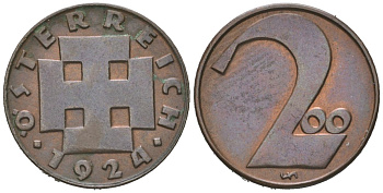 Австрия 200 крон 1924 Республика, денежная реформа KM 2833 бронза  aUNC 192-224