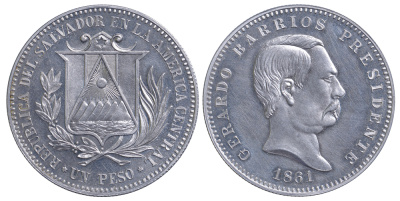 Сальвадор 1 песо 1861 президент Херардо Барриос, пробный выпуск алюминий 00-000-00