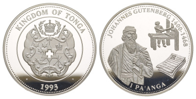 Тонга 1 паанга 1993 Иоганн Гутенберг KM 152 серебро PROOF 1091-7-32