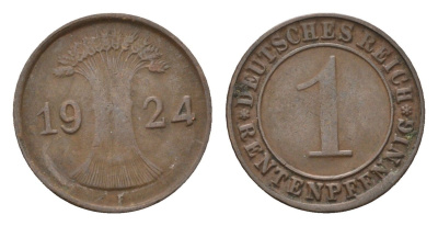 Германия 1 рентенпфенниг 1924 F KM 30, J. 306 бронза 4696-566