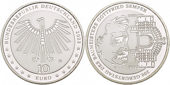 ФРГ 10 евро 2003 G, 200 лет Готфриду Земперу KM 227, DE.S. 10.11 серебро PROOF 1087-7-43