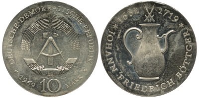 ГДР 10 марок 1969 А, 250 лет со дня смерти Иоганна Фридриха Беттгера KM 24, J. 1527 серебро UNC 413-6433