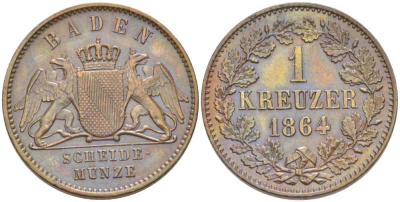 Баден 1 крейцер 1864 Великий Герцог Фридрих I (1856-1907) КМ 242 медь 117-833