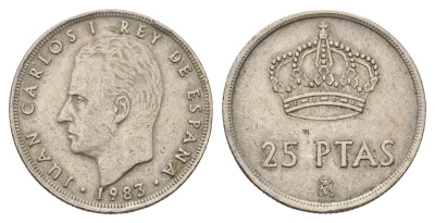 Испания 25 песет 1983 M, Хуан Карлос I (1975-2014) KM 824 медно-никель 4633-633