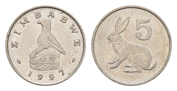 Зимбабве 5 центов 1997 рыжий кролик KM 2 медно-никель aUNC 4655-751