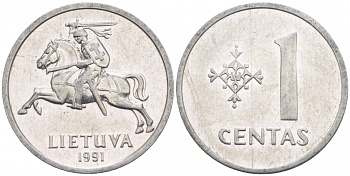 ЛИТВА 1 ЦЕНТ 1991 ГОД ТИП KM 85 алюминий UNC 4547-1145