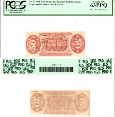 США, Fractional Currency 50 центов ND Образец реверса - Specimen. Цвет красный. Третий выпуск. В холдере компании PCGS Currency. Сохранность - «63 PPQ» Friedberg № 1330-SP бумага 452-3-63