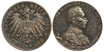 Пруссия 2 марки 1913 A, Вильгельм II (1888-1918), 25 лет правления (мундир) Weege 111, J. 111, KM 533 серебро PROOF 00-817-51