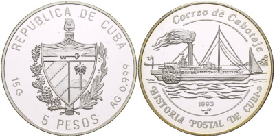 Куба 5 песо 1993 история почтовых пароходов Кубы, тонкие буквы и венок, "9" в дате с загнутым хвостиком KM 524.2 серебро  PROOF  1087-8-13