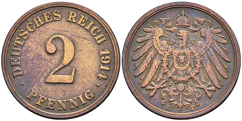 ГЕРМАНИЯ 2 ПФЕННИГА 1914 E KM 16, Jager 11, Weege 4 медь 4546-734