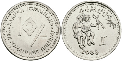 Сомалиленд 10 шиллингов 2006 СЕРИЯ ЗНАКИ ЗОДИАКА, БЛИЗНЕЦЫ KM NEW никелированная сталь UNC 540-831