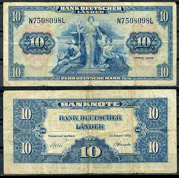 ФРГ 10 марок 1949 22 августа 1949, Франкфурт-на-Майне Pick 16 a, Розенберг 258 бумага 444-1-2-2