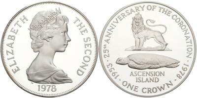 Остров Вознесения 1 крона 1978 25 лет коронации Елизаветы II, в оригинальной коробке KM 1 а серебро  PROOF  00-000-00