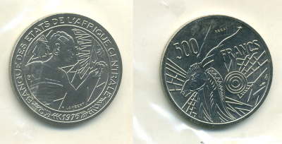 Центрально-Африканские штаты 500 франков 1976 пробник, ESSAI, Конго, в оригинальной упаковке KM E9 никель UNC 5010-133