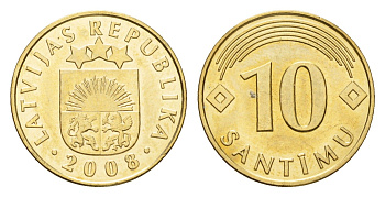 Латвия 10 сантимов 2008 KM 17 никель латунь UNC 4690-745