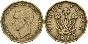 Великобритания 3 пенса 1942 Георг VI (1936-1952) KM 849, Spink 4112 никель латунь 4171-1033