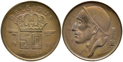 БЕЛЬГИЯ 50 САНТИМОВ 1953 BELGIQUE KM 144 бронза 4392-762
