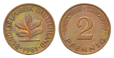 ФРГ 2 пфеннига 1961 F KM 106, J. 381 бронза 4682-1061