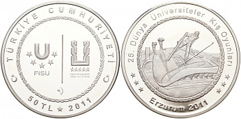 Турция 50 лир 2011 XXV зимняя Универсиада в Эрзурум 2011 года, прыжки с трамплина KM NEW серебро PROOF 11-037-24