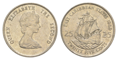 Восточные Карибские острова (Карибы) 25 центов 1989 KM 14 медно-никель 4646-243
