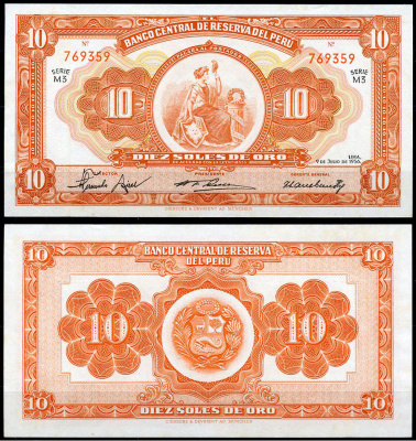 Перу 10 солей 1956 сидящая свобода, Giesecke & Devrient, серия M3 Pick 77  бумага  UNC (пресс) 451-806-3