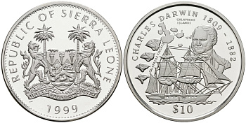 Сьерра-Леоне 10 долларов 1999 Чарльз Дарвин (1809-1882), Галапагосские осрова KM 116 серебро PROOF 00-00