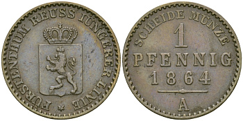 РЕЙС-ШЛАЙЦ 1 ПФЕННИГ 1864 А KM 69 медь 99-925
