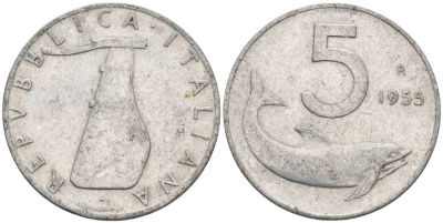 Италия 5 лир 1955 R, дельфин, руль KM 92 алюминий 4567-718