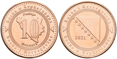 Босния и Герцеговина 10 фенигов 2021 KM 115 сталь плакированная медью UNC 4602-1025