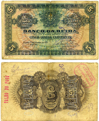 Мозамбик, Португальский 5 либрас эстерлинг (фунтов стерлингов) 1919 15 СЕНТЯБРЯ 1919, OURO, ТРИ НАДПЕЧАТКИ, ПЕРФОРАЦИЯ CANCELADO Pick R9 бумага 6267-6-2