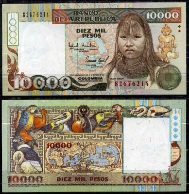 Колумбия 10000 песо 1994 Banco de la Republica, 12 октября 1994, женщина Эмбера, карта земного нара 1507 года, птицы Pick 437A бумага UNC (пресс) 451-542-3