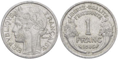 ФРАНЦИЯ 1 ФРАНК 1946 В,ТИП MORLON, LEGERE KM 885а.2, LE FRANC 221.10 алюминий 76-1013